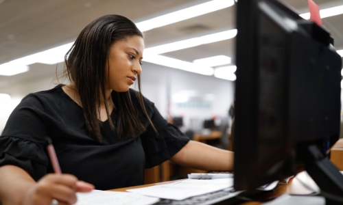 A student at a computer taking a course that's taught in English and Spanish. It is part of BCC's multicultural programs and courses.
