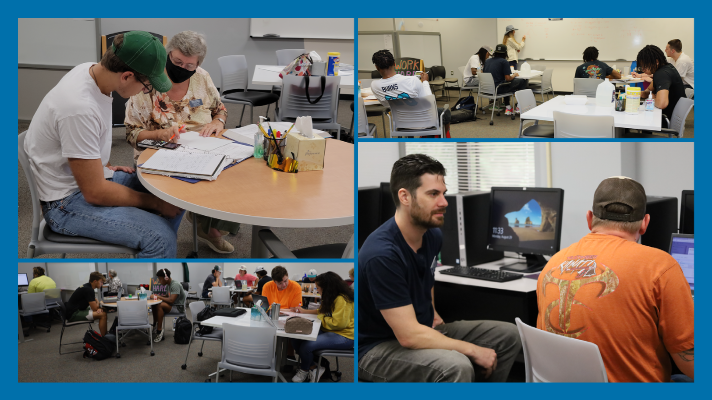 a collage of photos of students in the learning center