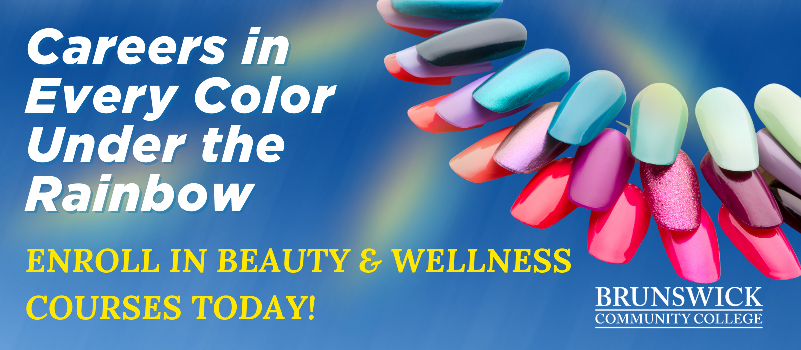 banner in support of beauty and wellness programs featuring brightly colored nail polish samples
