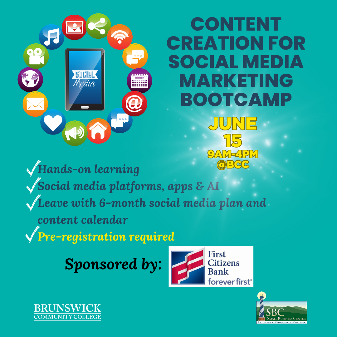 Graphic about upcoming social media marketing bootcamp for small business owners presented by the BCC Small Business Center