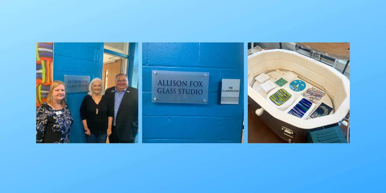 a collage of photos taken of the allison fox glass studio at BCC's Southport Center