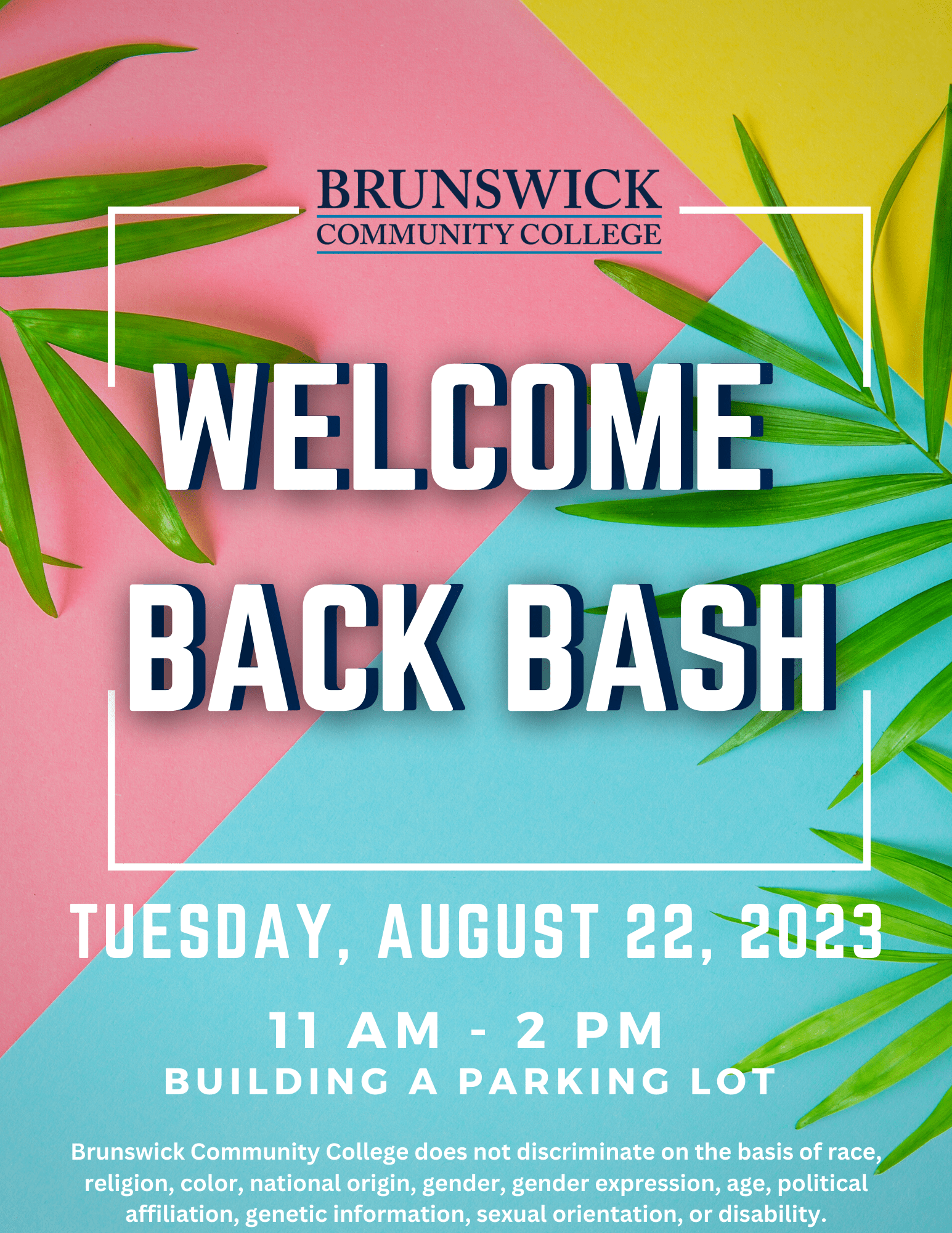 Welcome Back Bash flyer featuring a tropical background